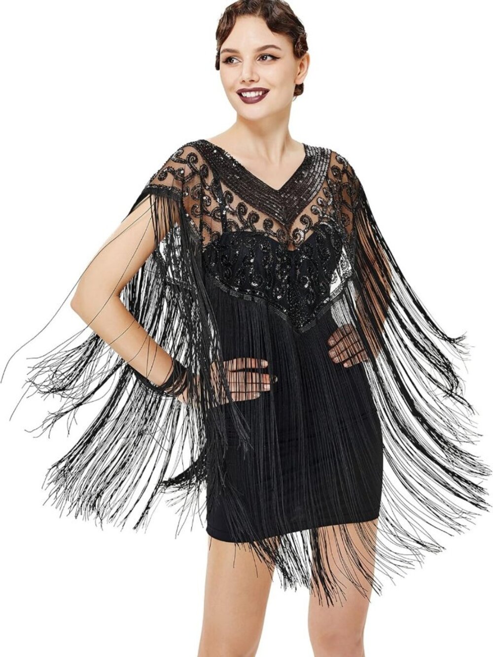 1920s Vintage Shawl Wrap Long Fringed Evening Cape Sequin Beaded Cover-Up